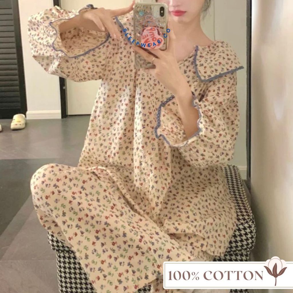 Sleepwear Co 100% Cotton Pyjamas Woman Pajamas Women Set Long Sleeve Sailor Neck Baju Tidur Wanita Cotton Piyama Tidur Wanita Lengan Panjang 睡衣裤套装女
