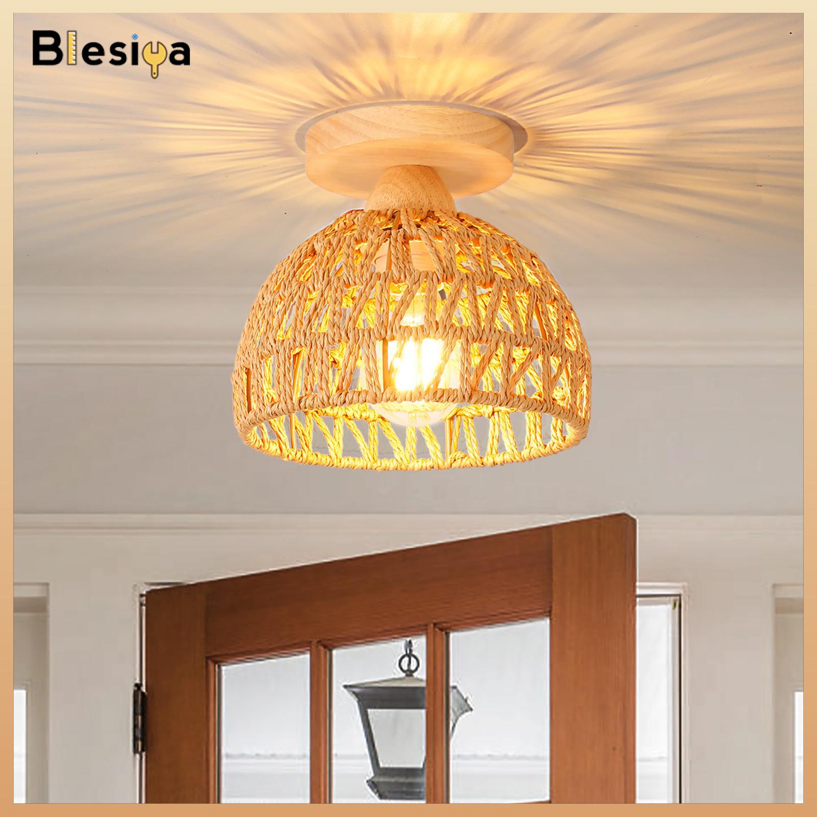 Blesiya Rattan Ceiling Light Shade EU 220V E27 Base Rustic for Cafe