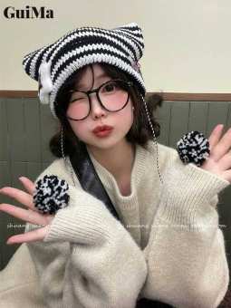 Guima Mũ len ấm mới, mũ chóp nhọn dễ thương kiểu Nhật, mũ áo chui đầu đa năng, mũ dệt kim sọc quỷ
