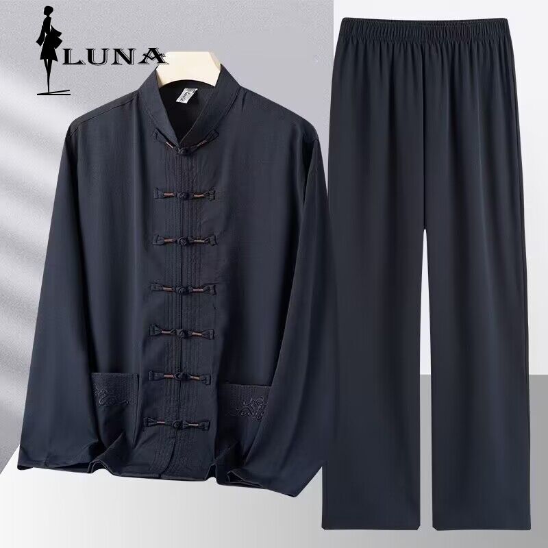 LUNABộ casual cho nam giới Quần áo nam Đường trang phục nam trung niên người già cha trang phục mùa xuân và mùa hè băng lụa ông nội Trung Quốc phong dài tay áo hai bộ Hán phục Bộ quần áo nam Quần short nam Áo sơ mi nam