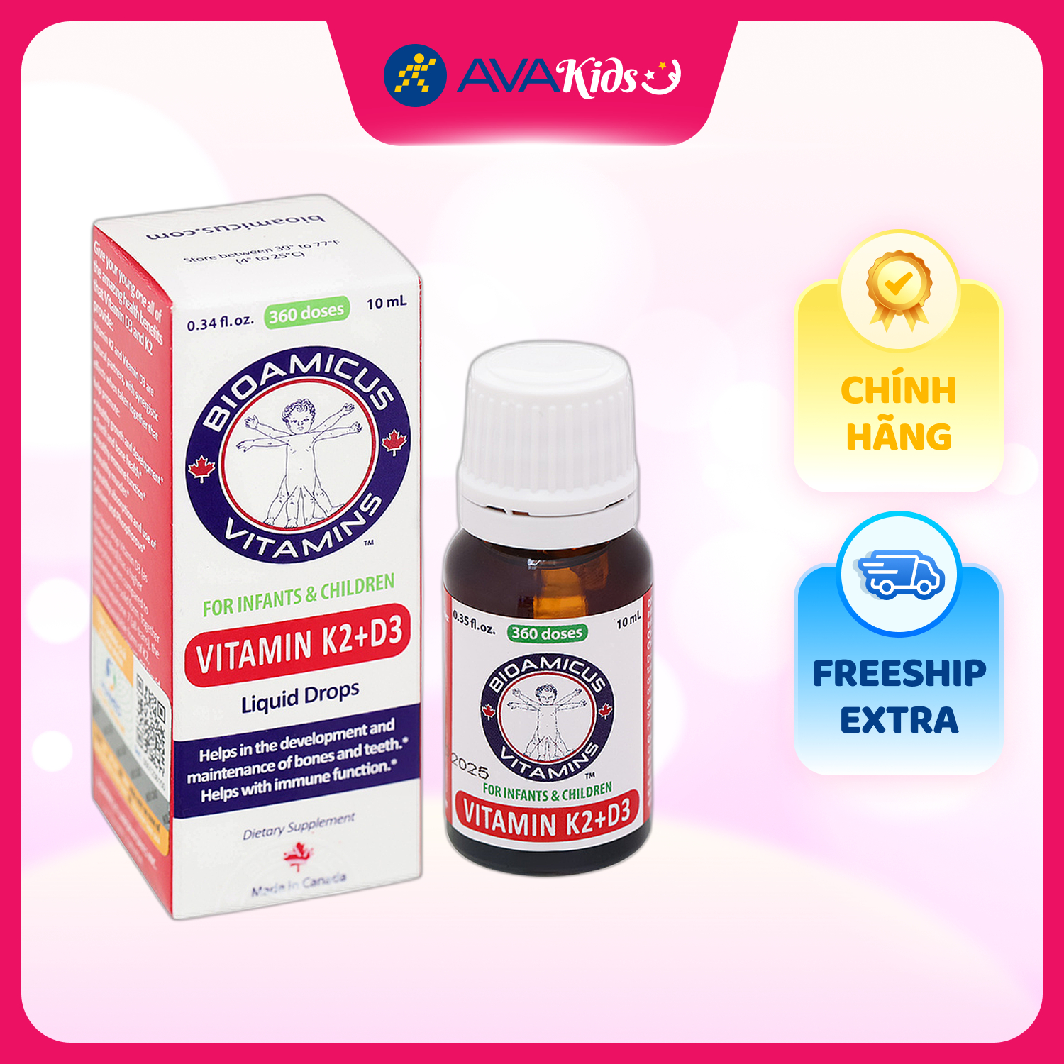 Siro BioAmicus Vitamin K2+D3 hỗ trợ tốt sức khỏe xương, răng 10 ml (từ 0 tháng)