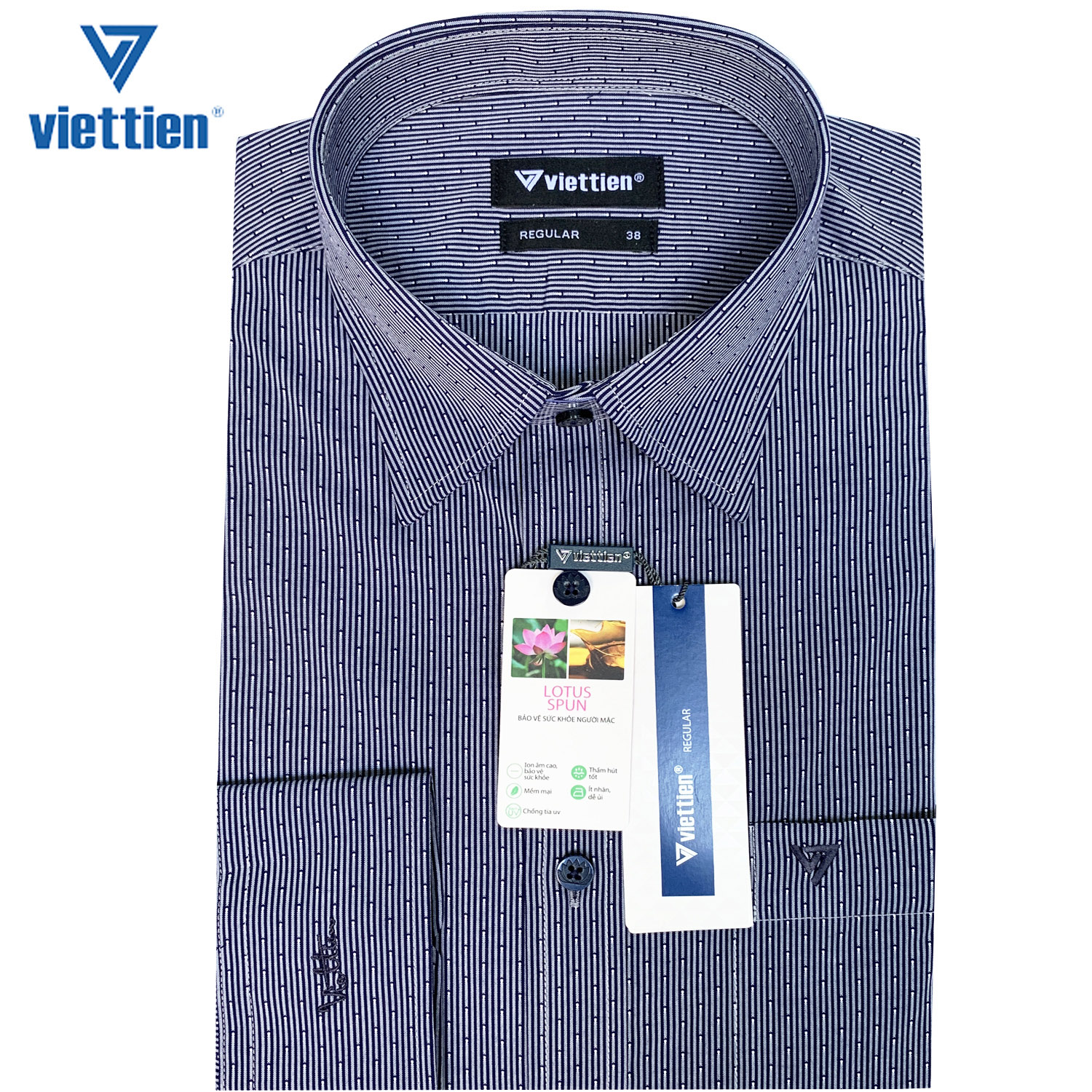 Viettien - Áo sơ mi nam dài tay ca rô cao cấp 1Q0339 Regular Xanh đen Vải sợi sen