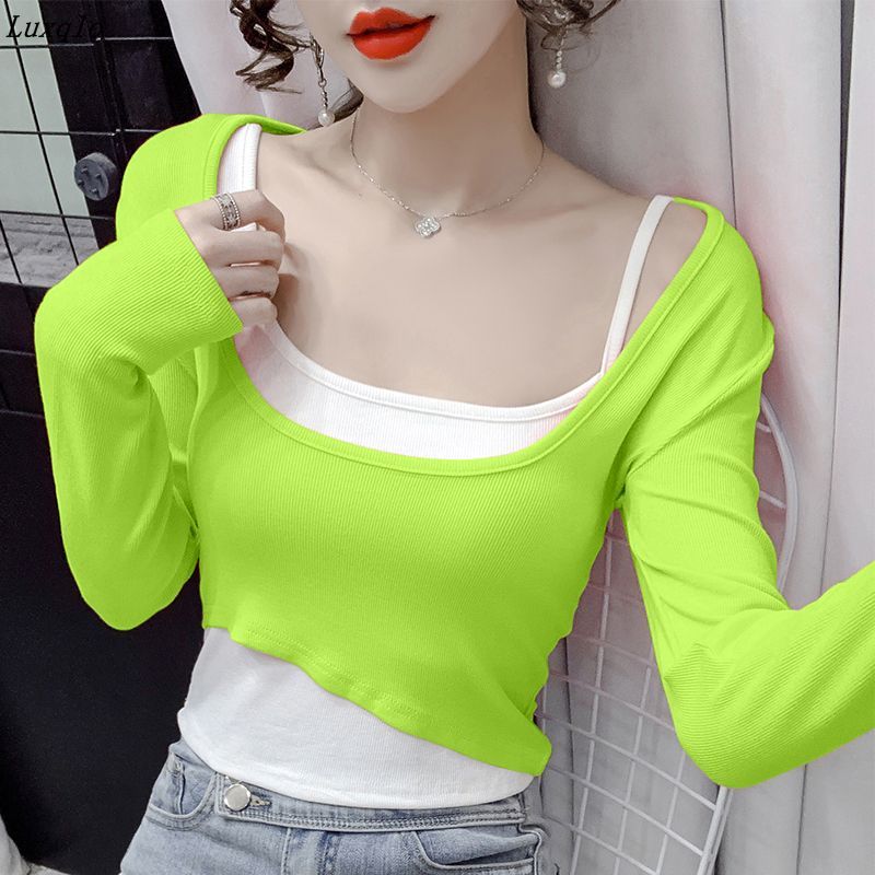 Luxqlo Long Sleeve Tshirt Women Fashion Two Piece Set Tops Korean Style Slim Green Tee Cropped T Shirt ราคา 241 บาท*ส่งฟรี