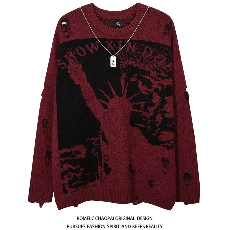 ASRV áo khoác mùa đông áo sweater áo len mùa đông Áo len nam màu đỏ rách Áo Len đen