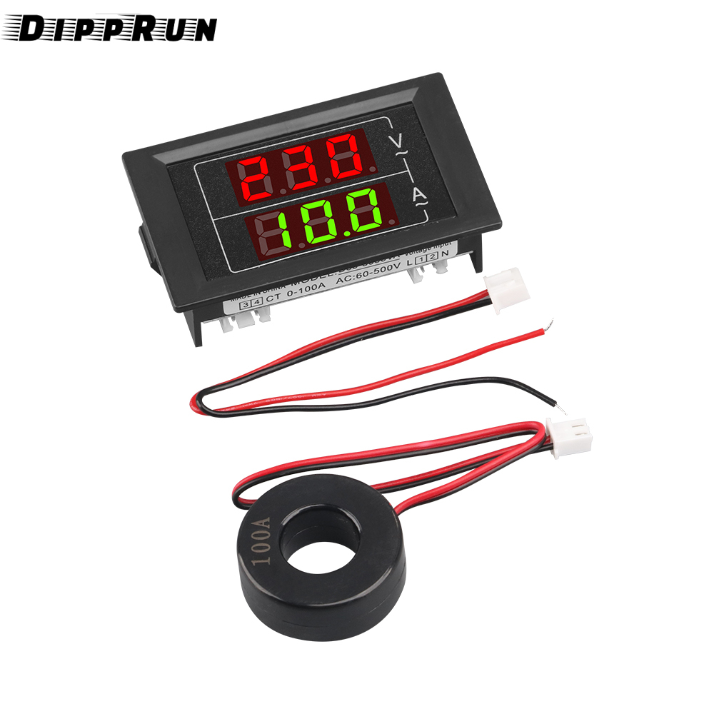 Dipprun Đồng hồ đo vôn Ampe AC 500V 100A Vôn kế kỹ thuật số bảng Ampe kế 2 Điện áp dây amperage Máy Đo Máy kiểm tra với máy biến dòng