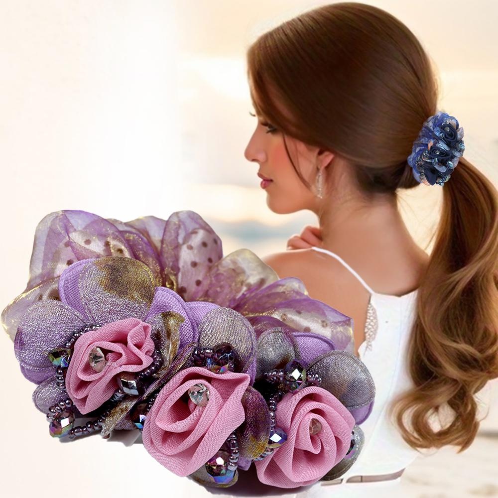 Stylish and chic women's polka dot hair accessories, floral yarn headband and hair tie set for charming women