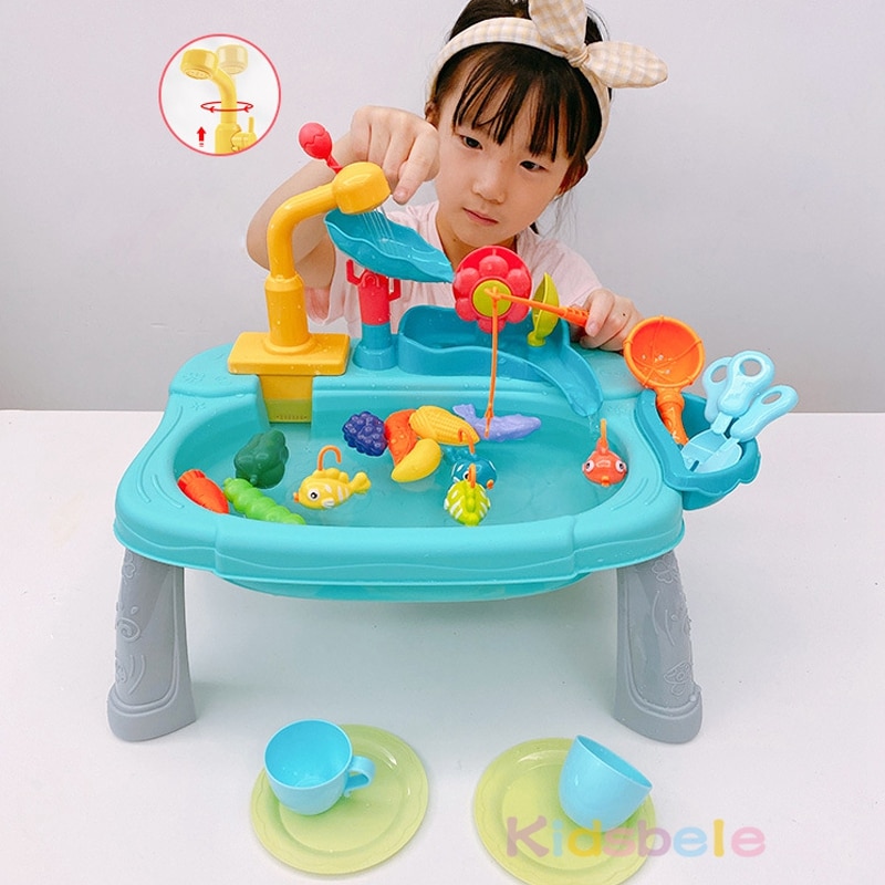 Kids Kitchen Sink Electric Dishwasher With Running Water Pretend Play Food