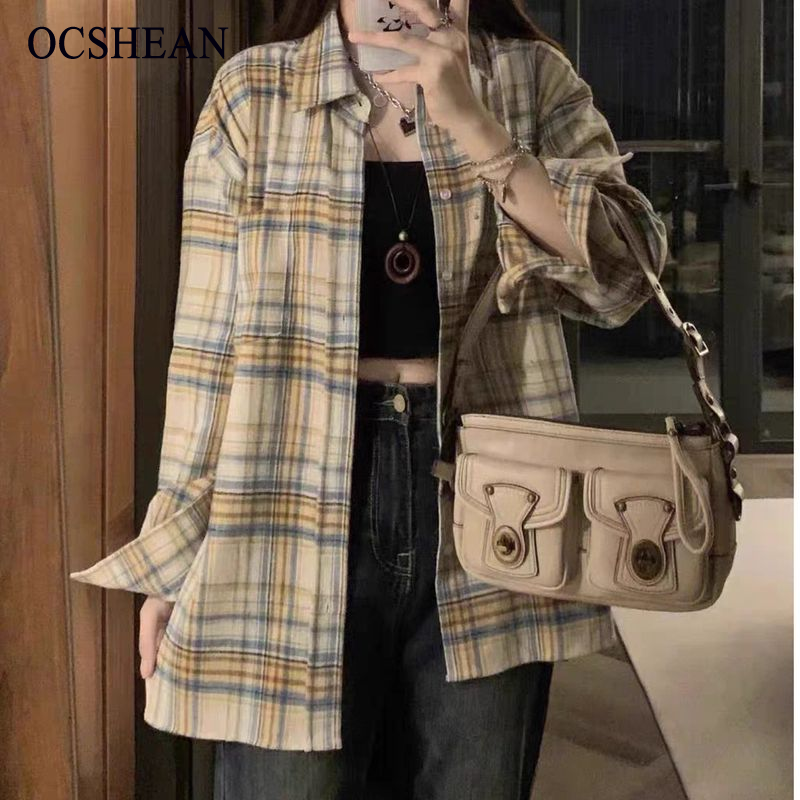 OCSHEAN เสื้อเชิ้ตลายสก๊อตสำหรับฤดูใบไม้ผลิและฤดูใบไม้ร่วงสำหรับผู้หญิงเสื้อแขนยาวลำลองทรงหลวมใส่แล้วดูผอมสไตล์วิทยาลัยเสื้อตัวนอกผู้หญิง ราคา 121 บาท*ส่งฟรี