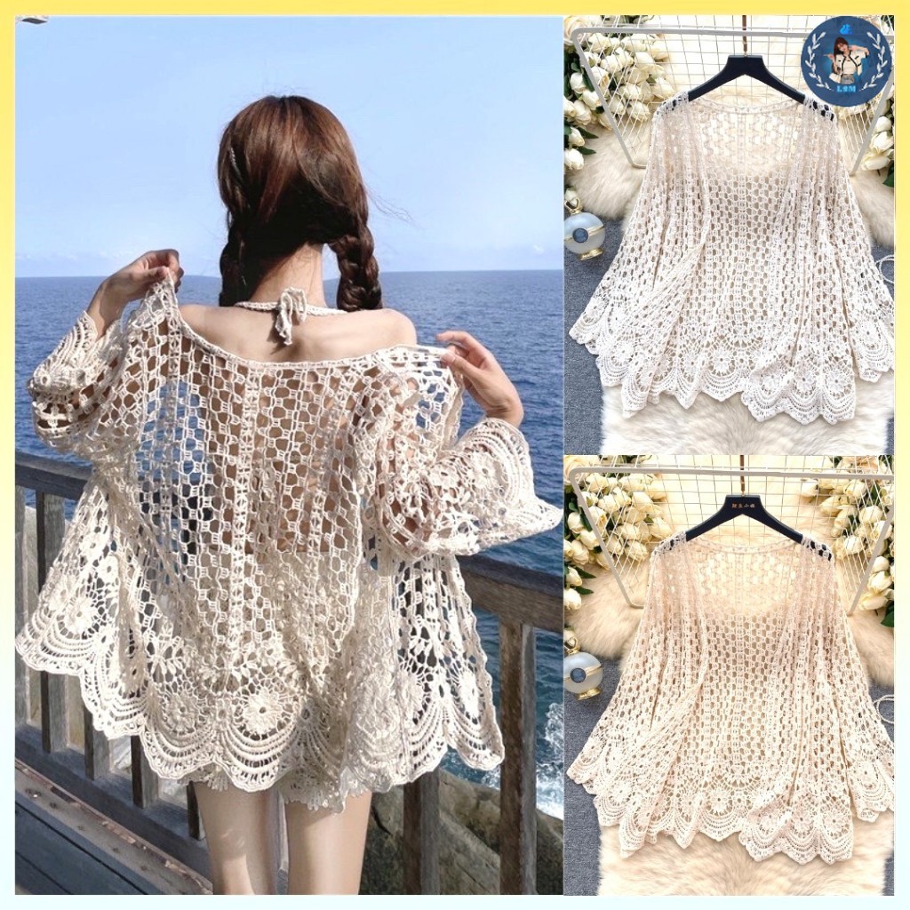 Áo khoác len lưới nữ cardigan viền hoa tay dài đi biển mùa hè xinh xắn - l2m
