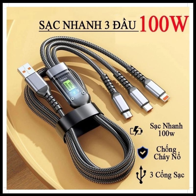 Dây Sạc Tự Ngắt - Dây Cáp Sạc Dữ Liệu Sạc Nhanh 100W Micro USB Type C 3 Trong 1 6A