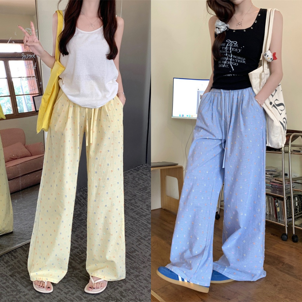 ฤดูร้อนเกลือทะเลโซโดพามีนลายสก็อตลายคลื่นเชือกรูดขากว้างกางเกงขาตรงผู้หญิง ราคา 126 บาท*ส่งฟรี