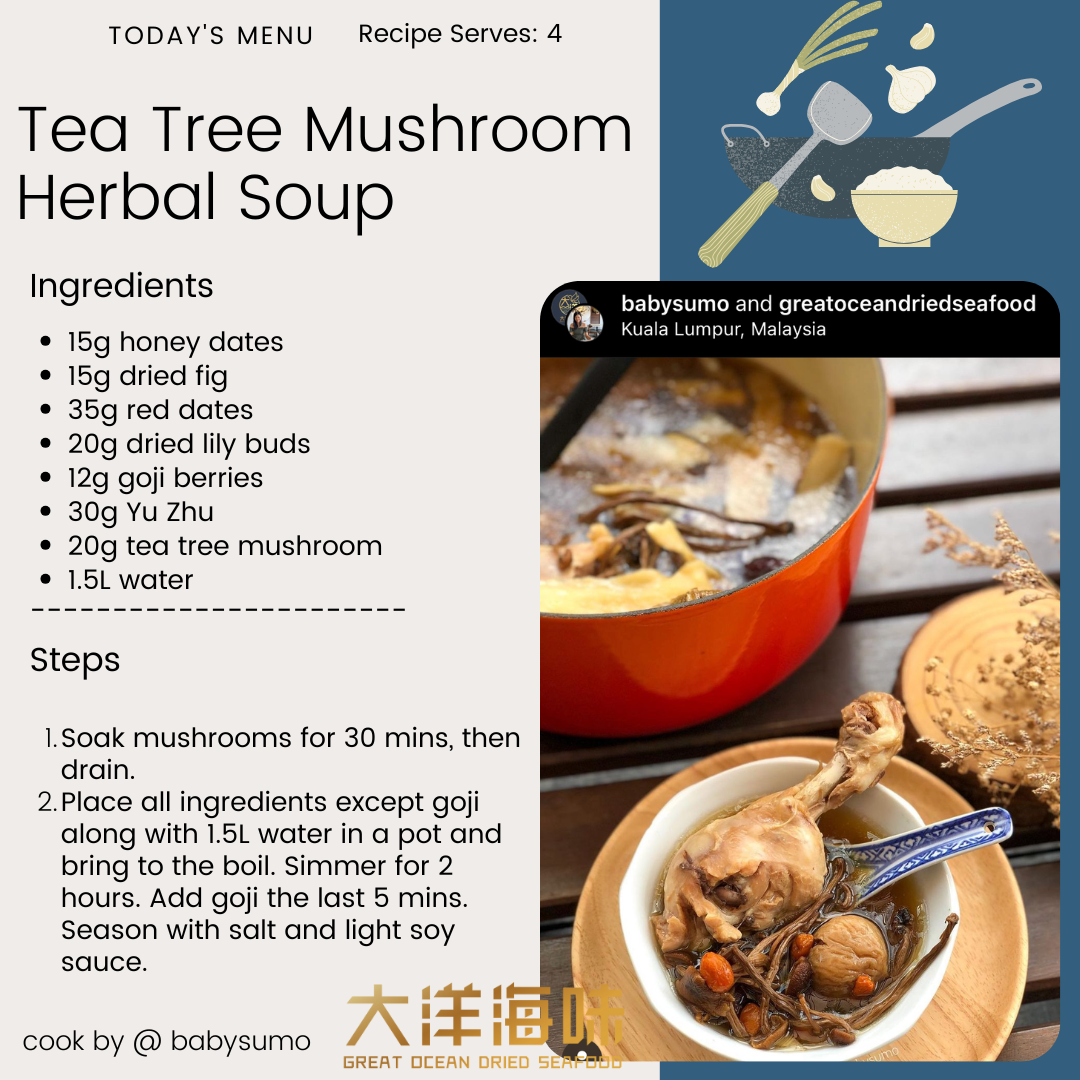 English recipe card for tea tree mushroom herbal soup｜茶树菇药材汤英文食谱