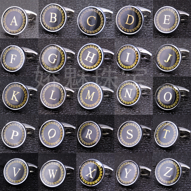 HUIJIGJiaomei Jewelry A-Z 26 Capital Letter Cufflinks Circular Black Background Gold Pattern CufflinksHuijig