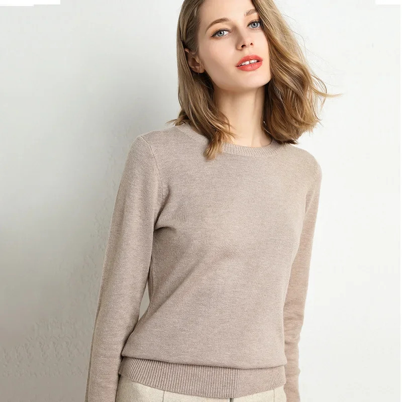 2023 Phụ nữ Slim vòng cổ thun cashmere pha trộn len mùa thu đông dài tay áo đan đáy cộng với kích thước