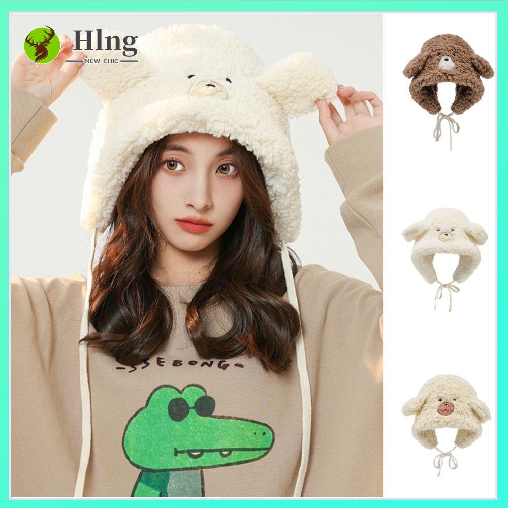 HLNG Ấm áp Mũ tai gấu Mùa đông Dễ thương Mũ tai bèo lông cừu Dày Mềm Mũ bảo vệ tai bằng vải nhung lông Phụ nữ