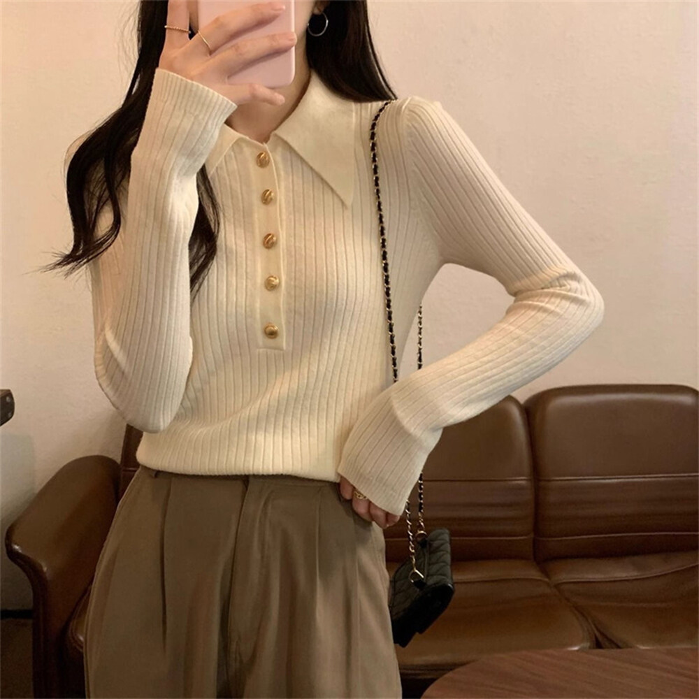 Closet Crush Áo len nữ mùa Xuân Phong nha vàng nút dài tay áo ve áo Skinny phù hợp với phụ nữ văn phòng áo len b250107