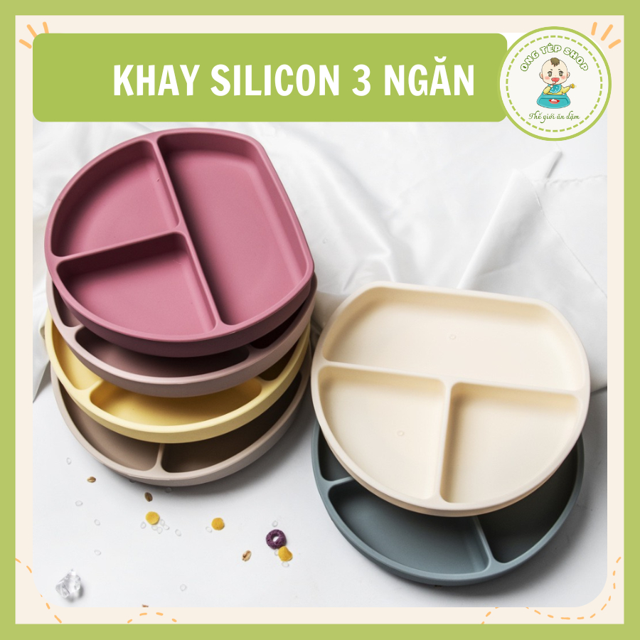 Khay ăn dặm silicon 3 ngăn đế hít chống lật, màu pastel phong cách Hàn Quốc