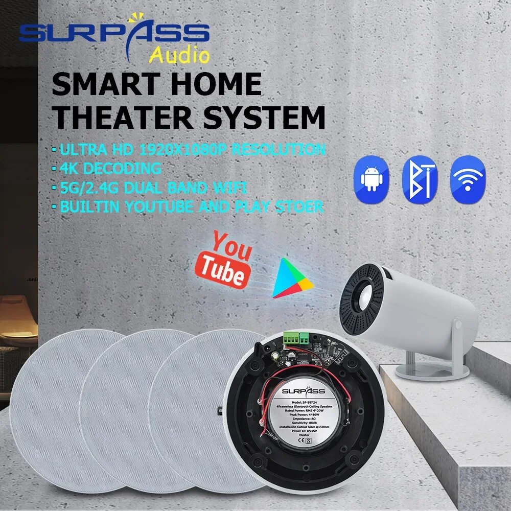 สมาร์ทโฮมเธียเตอร์Android10.0 Wifi BTโปรเจคเตอร์คุณภาพเสียงสูงพร้อมบลูทูธลำโพงเพดานเครื่องขยายเสียงClass Dห้องนั่งเล่น ราคา 7,835 บาท*ส่งฟรี
