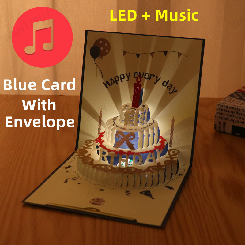 🇲🇾 3D Music LED Creative Pop Up Happy Birthday Cake Greeting Card Handmade Kirigami Party Card Paper Hari Lahir Kertas