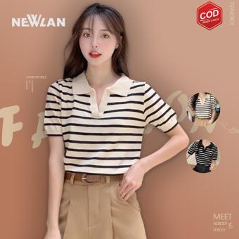 Newlan ZZ017 áo thun polo nữ cộc tay kẻ sọc màu đen màu trắng dệt kim kẻ sọc cổ bẻ co giãn chất đẹp ulzzang hàng QC cao