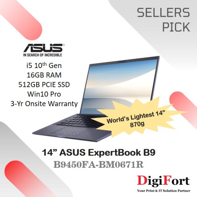 ASUS ExpertBook B9 | 14 i5-10210U | 16GB RAM | 512GB SSD Win10 Pro | 3-Yr Onsite Warranty | 870g (B9450FA-BM0671R)