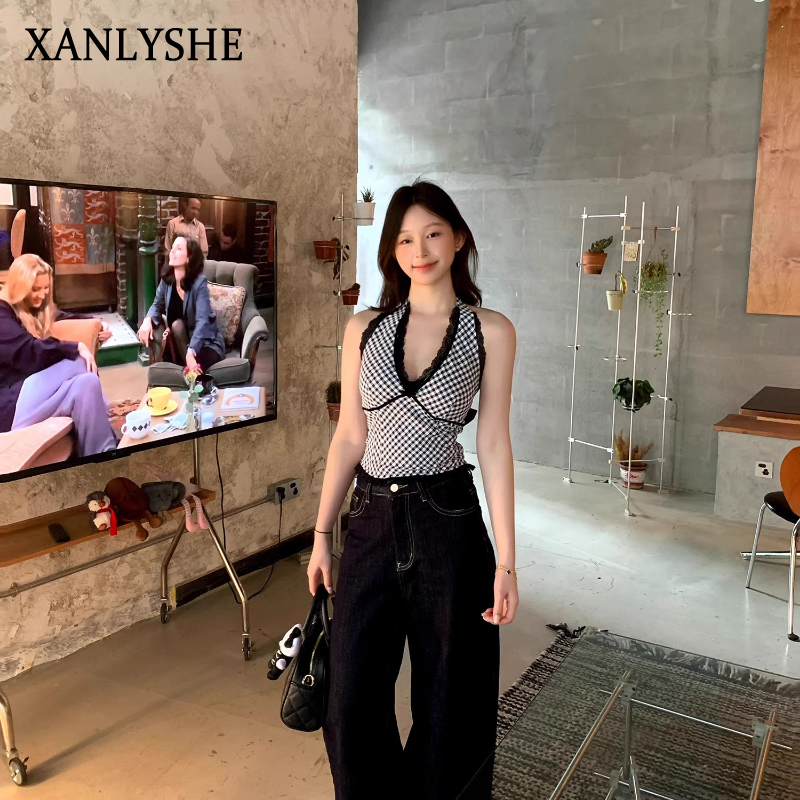 XANLYSHE เสื้อตัวนอกใส่กับผู้หญิงคอวีลายสก๊อตผูกโบว์เผ็ด ราคา 105 บาท*ส่งฟรี