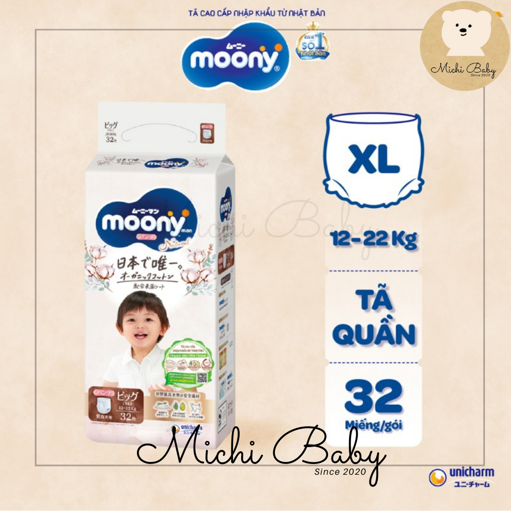 Tã Bỉm MOONY NATURAL Trắng Dán/Quần NB62/S58/M46/L38/L36/XL32 - Michi Baby MC555 - 6