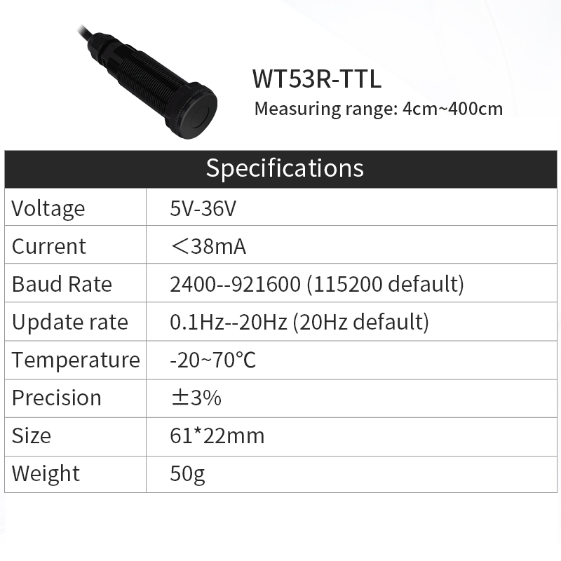 Cảm Biến Laser ToF WTVL53-400 | VL53L1X, Đo Khoảng Cách 400cm, RS485/TTL/IIC, Độ Chính Xác Cao, Tùy Chỉnh Baud Rate, Nhiệt Độ -20~70°C