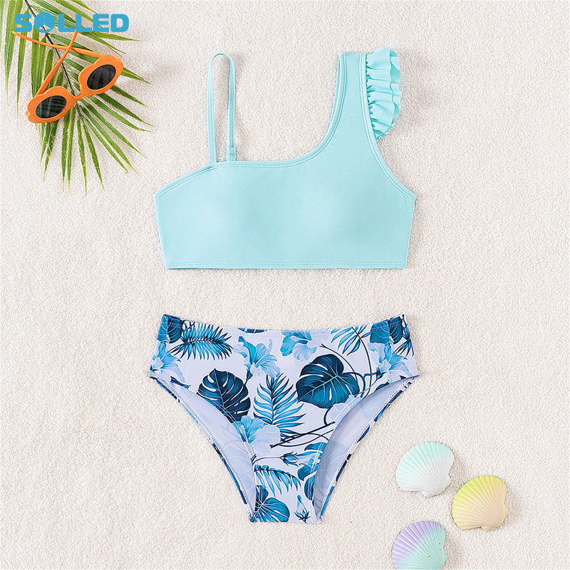 Kid Girl Two Pieces Bathing Suit Leaves Printing One Shoulder Swimsuit Infant Girl Bikini Bathing Suit For Infant Girl Toddler Swimming ราคา 203 บาท*ส่งฟรี