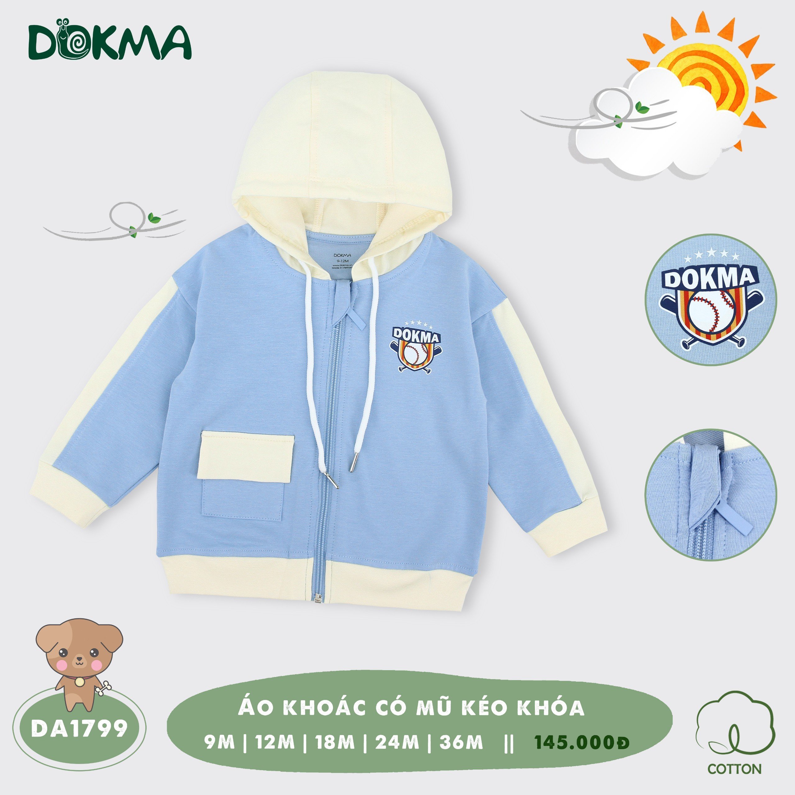 Áo khoác Cotton Da Cá chống nắng cho bé Dokma DA1799 phù hợp cho bé từ 6