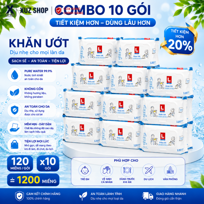 Combo 10 Gói Khăn Ướt Lotte Choice L 120 Tờ Dày Dặn An Toàn Cho Trẻ Nhỏ