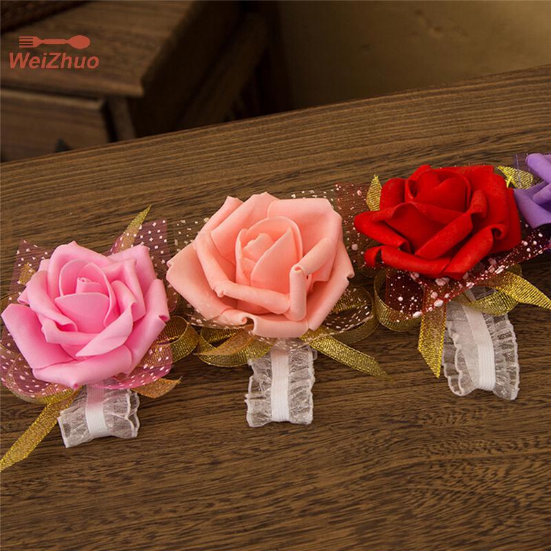 WeiZhuo New Bridesmaid Wrist Corsage Wedding Party Rose Bracelet Silk Flowers Ribbon
