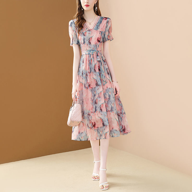 Đầm in chiffon Chất lượng cao Đầm nữ 2023 mới khâu ren v-cổ Tie giữa Chiều dài