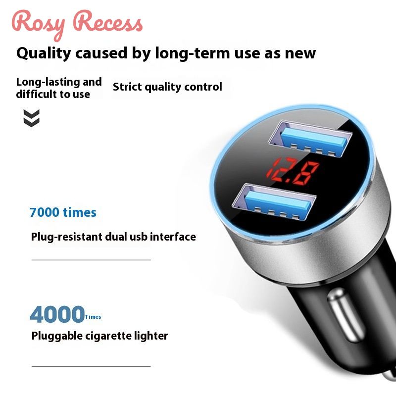 Rosy Recess High-Quality Dual USB Car Charger with Voltage Display and Durable Design ราคา 18 บาท*ส่งฟรี