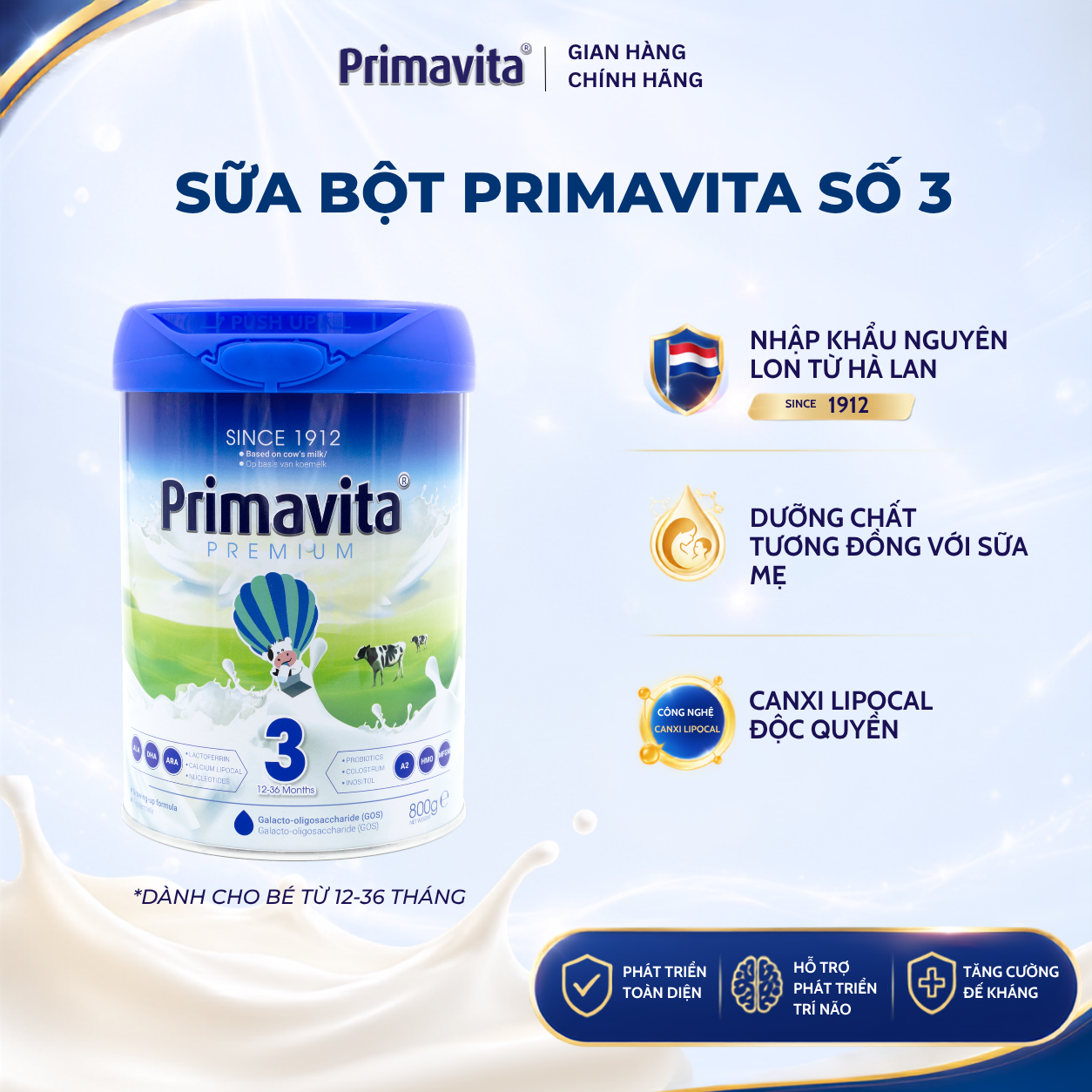 Sữa bột Primavita Premium số 3 phát triển toàn diện, tăng cường miễn dịch tự nhiên cho bé (12-36 tháng tuổi)