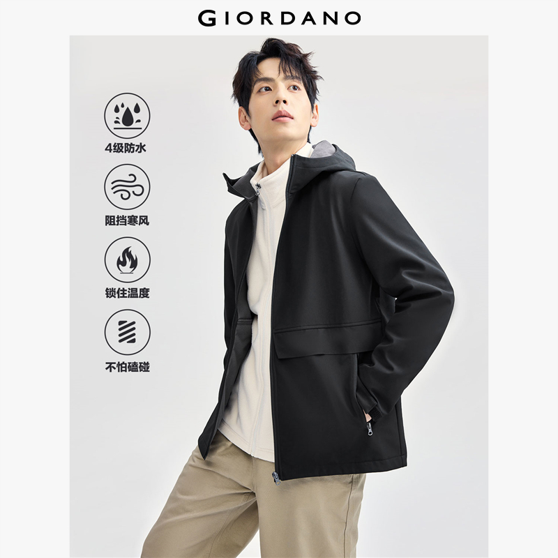 GIORDANO Nam Áo khoác gió có mũ lót lông cừu Jacktes Polar Túi hộp thời trang đơn giản chống gió mặc thường ngày 01074703