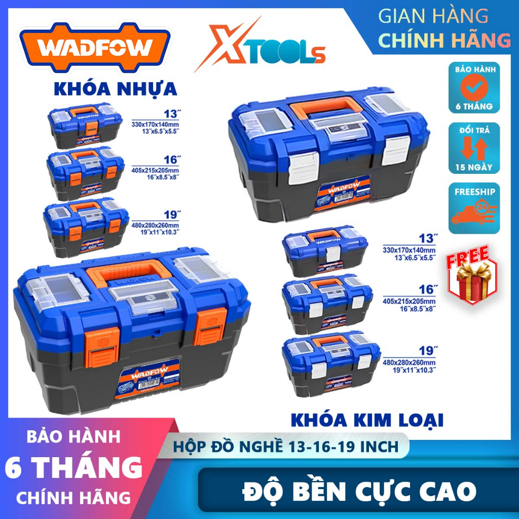 Hộp đựng đồ nghề WADFOW 13-19 inch Thùng dụng cụ nhựa PP cứng cáp chịu lực tốt độ bền cao nhiều ngăn chứa được máy khoan