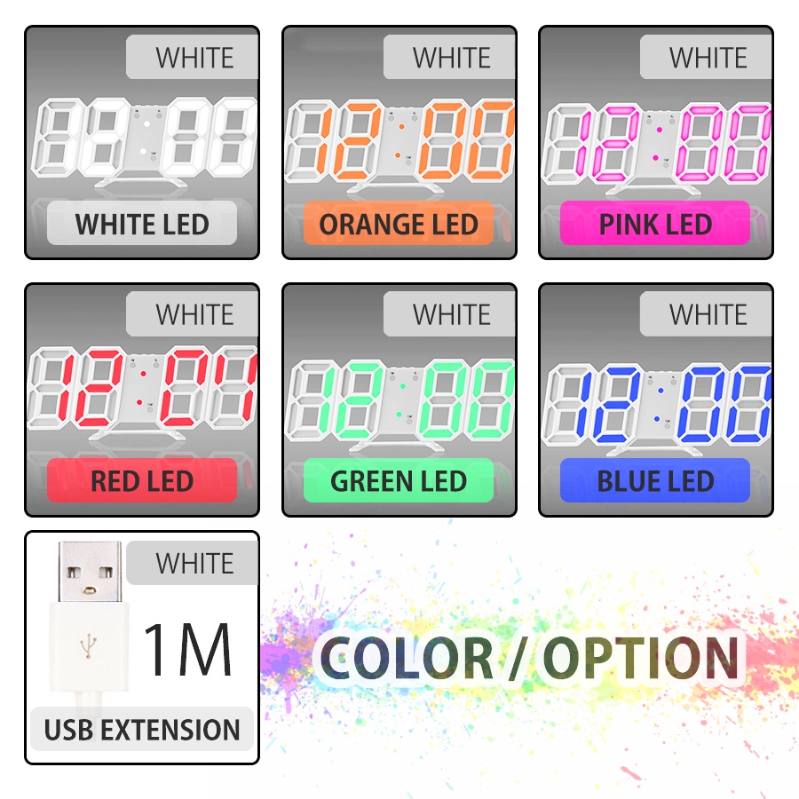 《 𝗙𝗥𝗘𝗘 𝗕𝗔𝗧𝗧𝗘𝗥𝗬 》 3D LED Digital Clock Alarm Wall Table Desk Temperature Night Mode Home Office Jam Meja Dinding 彩色时钟