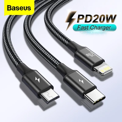 Baseus PD20W 3 in 1 USB C Cable for iPhone 13 Pro Max 12 Fast Charging Micro Type-C Cable for Samsung Huawei Xiaomi Vivo X60 Oppo