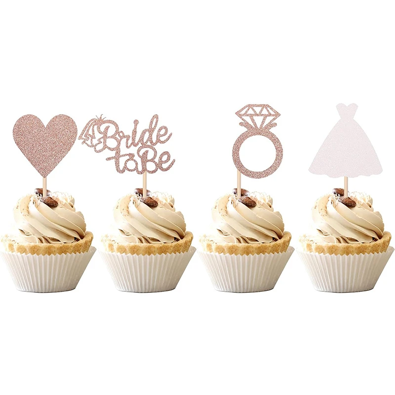 【ABLE】 12/24pcs Bride to Be Diamond Ring Cupcake Toppers Wedding Bridal Shower Cake Decorations Rose Gold Bachelorette Party Supplies