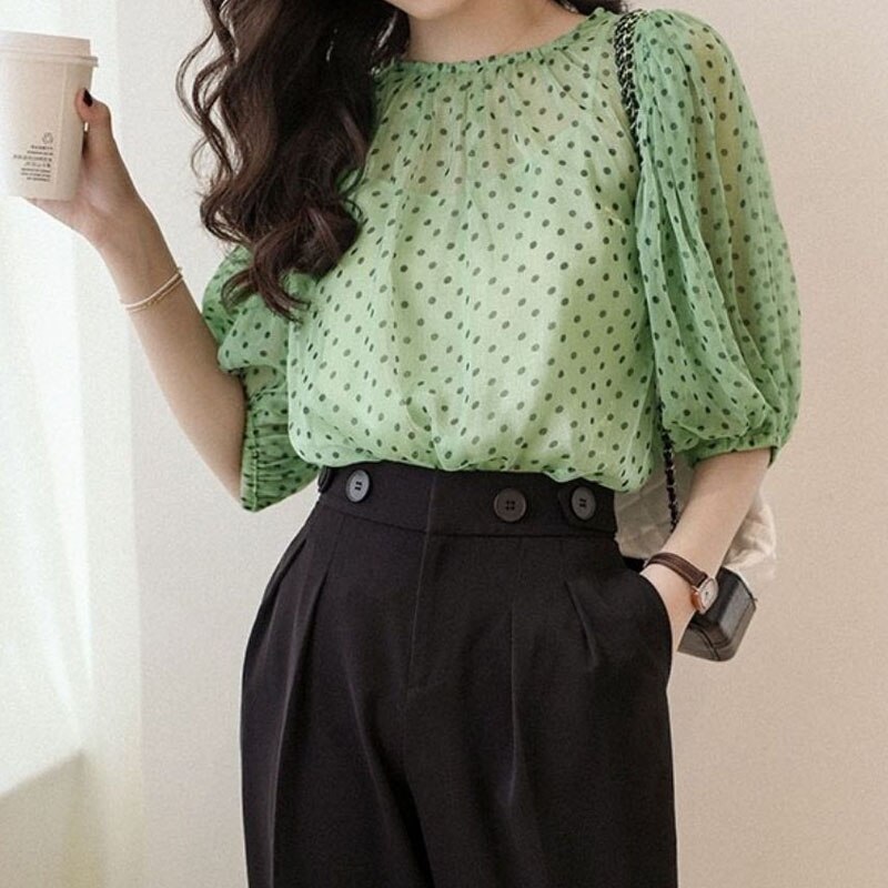Thời trang hàn quốc nữ in Chấm Bi Polka Áo voan 2023 mùa hè thường ngày dễ phối cổ tròn ống tay phồng áo nữ