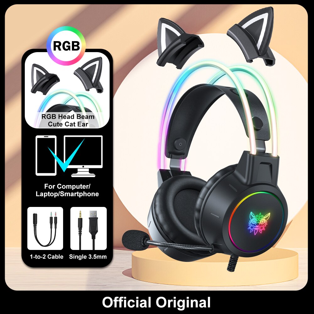 Onikuma X15 Pro Over-Tai nghe đeo tai Tai nghe chơi game có dây hủy bỏ tai nghe màu hồng tai mèo đèn RGB với Mic cho PC PS4