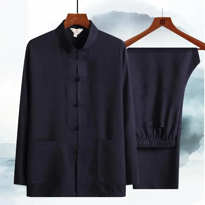 Summer New Men Long Sleeve Tang Suit Cotton Linen Male Embroery Tai Chi Set Clothing Performance Kung Fu Wushu