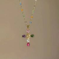 MAKERVY Colorful Zircon Cross Pendant Necklace Zine-alloy Crystal Beaded Beads Necklaces Fashion Y2K Clavicle Chain Women