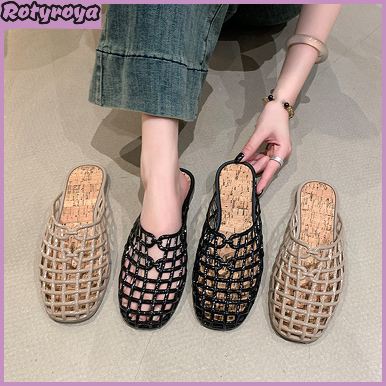 Women's Hollow-out Slippers Breathable Flat Beach Slippers Closed Toe Summer Slippers for Home Street Beach Wear ราคา 506 บาท*ส่งฟรี