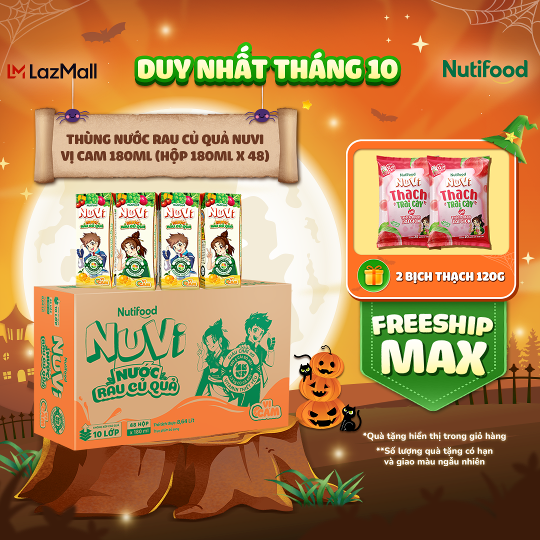 [Voucher D10LAZSOCIAL60K 15%] Thùng Nước Rau Củ Quả NuVi Vị Cam 180ml (Hộp 180ml x 48) - Giàu Chất Xơ, Vitamin - Tiêu Hóa Khỏe