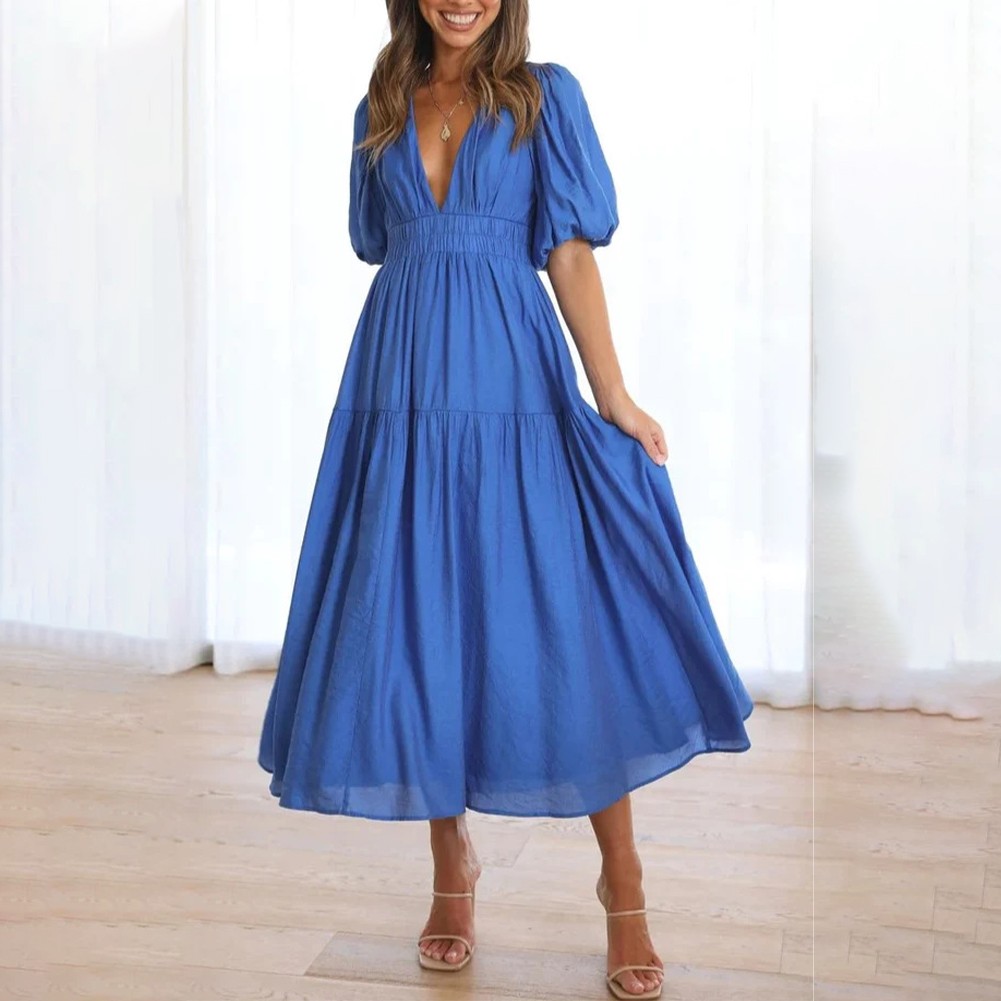 Hot kỳ nghỉ Đầm nữ tay áo phồng Đảng smocked eo v-cổ kỳ nghỉ miễn phí vận chuyển