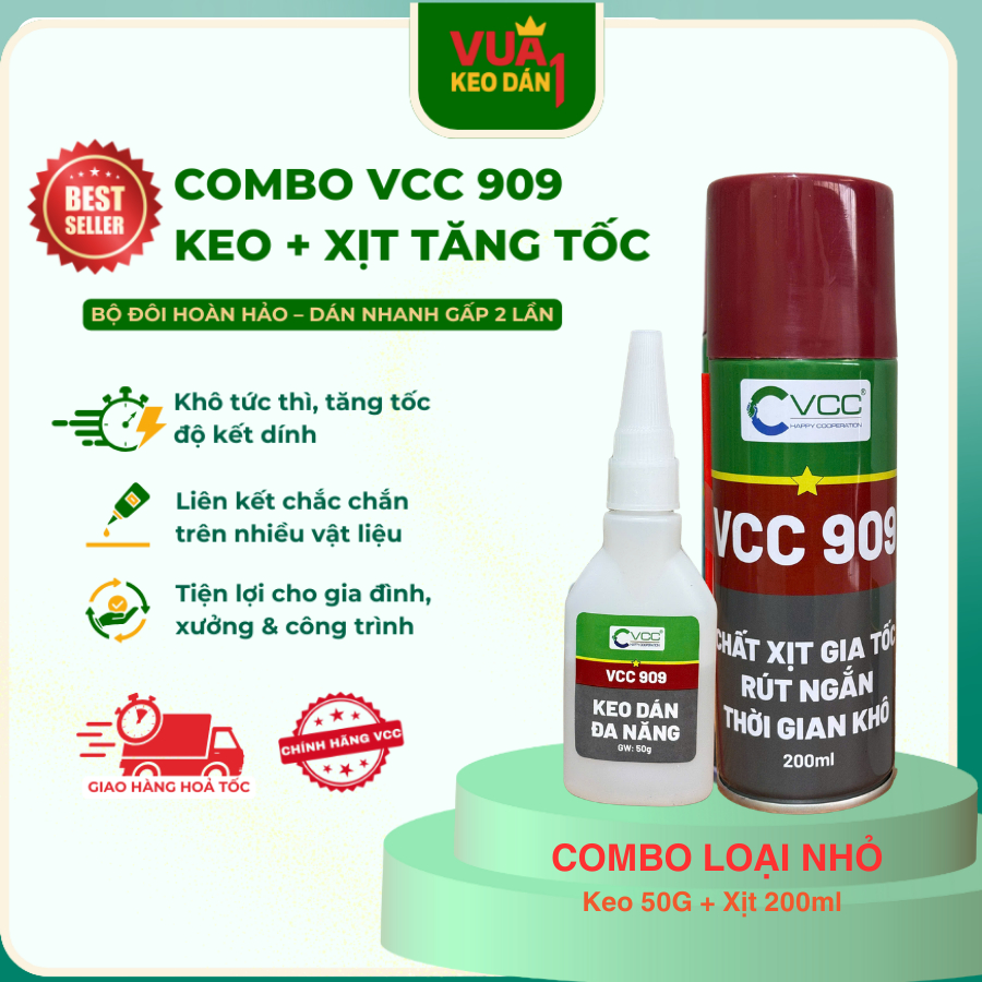 COMBO NHỎ 909 VCC (50g + 200ml) Keo dán đa năng VCC 909 + Xịt tăng tốc 909