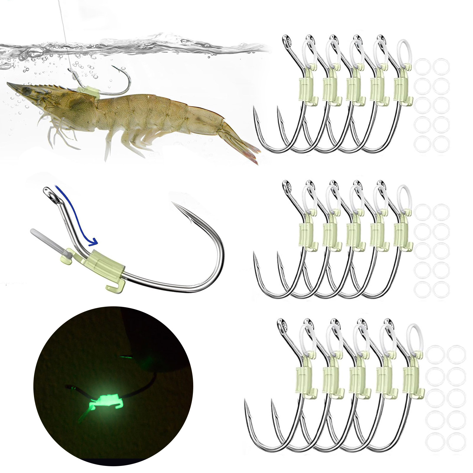 Live Shrimp Hook Live Shrimp Hook Kit 5/15/25pcs Luminous Live Shrimp Fixing Hook Heavy Duty Metal Barbed Fishhook for Catfish Bass Fishing Freshwater Saltwater Fishing Accessories