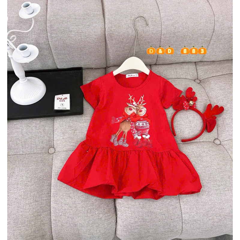 Váy đầm bé gái D883 váy đỏ noel kèm bờm tuần lộc cho bé